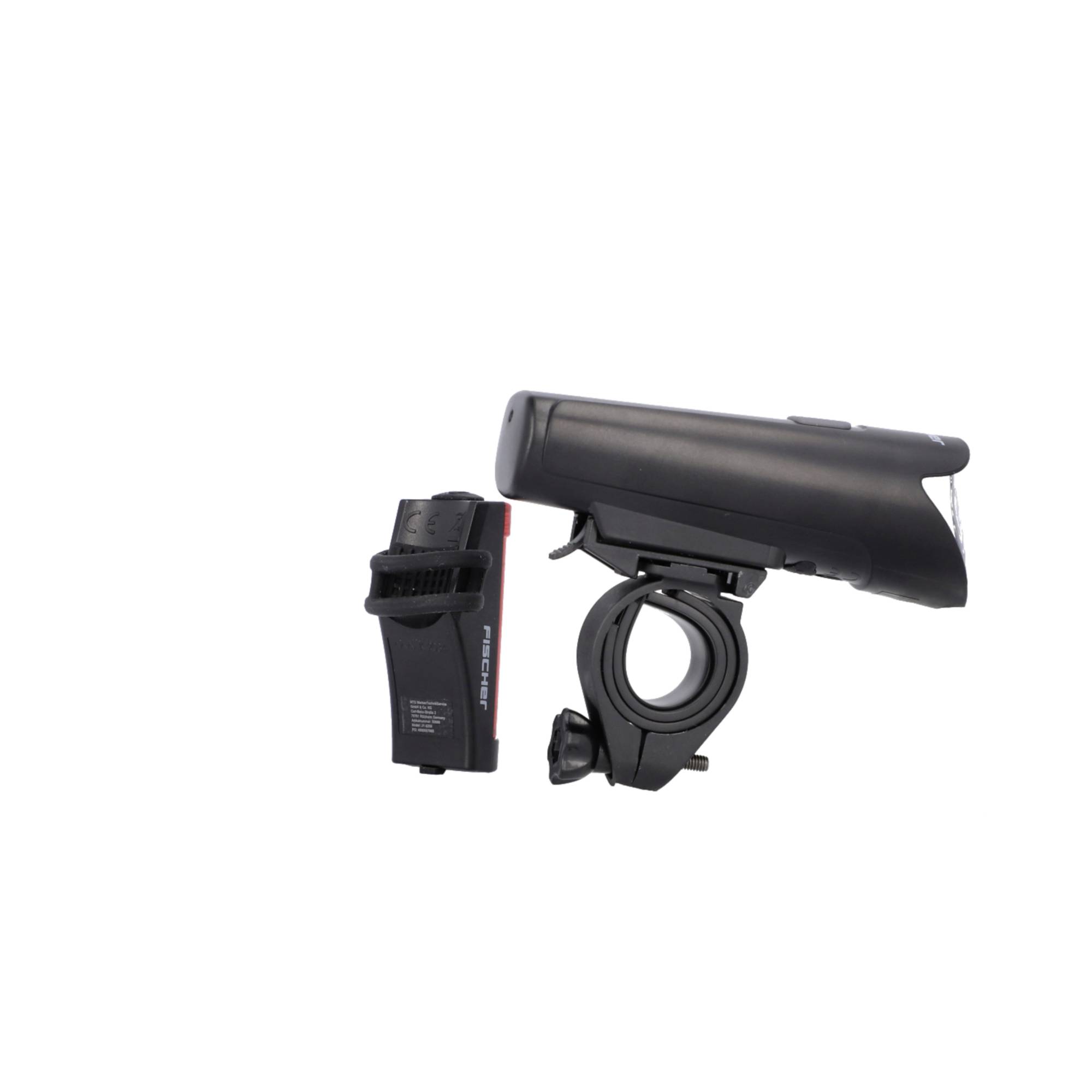 Image d'un phare de vélo avec support et batterie. Le phare est noir et compact, adapté pour la conduite nocturne.