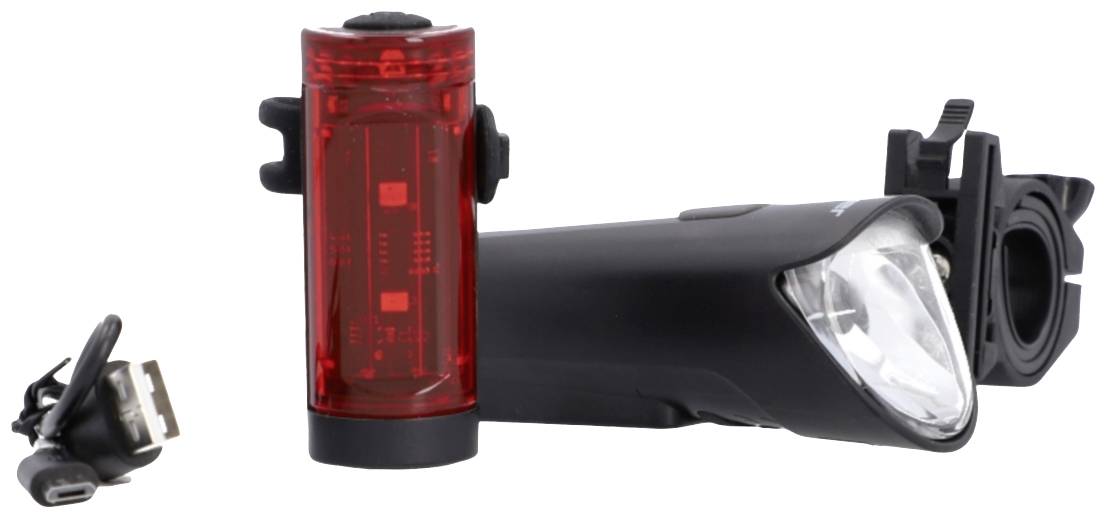 Ensemble de feux avant et arrière pour vélos. Feu avant en noir avec projecteur lumineux, feu arrière rouge. Câble USB inclus.
