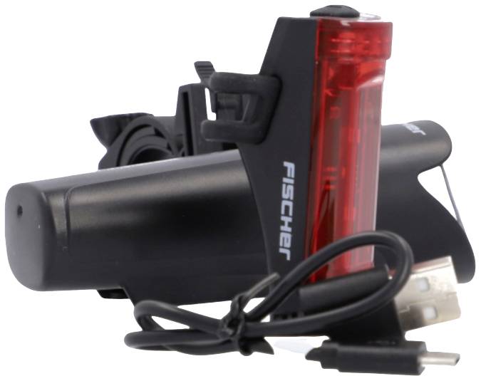 Un ensemble d'éclairages pour vélo noir et rouge avec câble de chargement USB, comprenant un feu avant et un feu arrière.