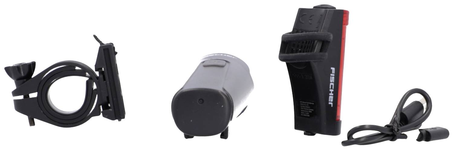 Set d'éclairage pour vélo : feu arrière noir, batterie argentée, support avec câble. Nom de marque sur le feu arrière.