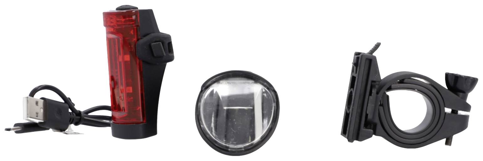 Set de lumières pour vélo rouge et transparent avec supports et câble de chargement USB. Idéal pour une meilleure visibilité lors de trajets nocturnes.