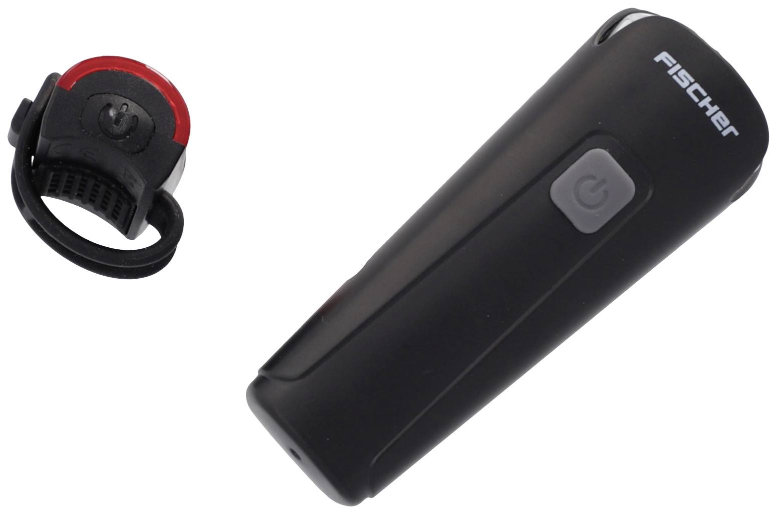 Ensemble d'éclairage noir pour vélo, composé d'un grand phare avant rectangulaire avec un bouton gris et d'un petit feu arrière.