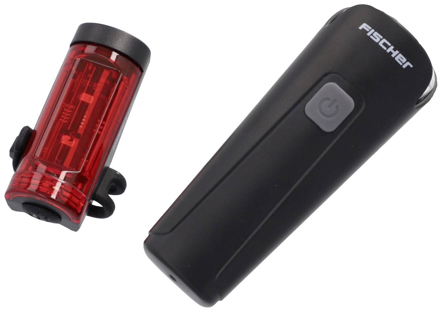Un ensemble d'éclairage pour vélo composé d'un feu avant noir avec un bouton gris et d'un feu arrière rouge.