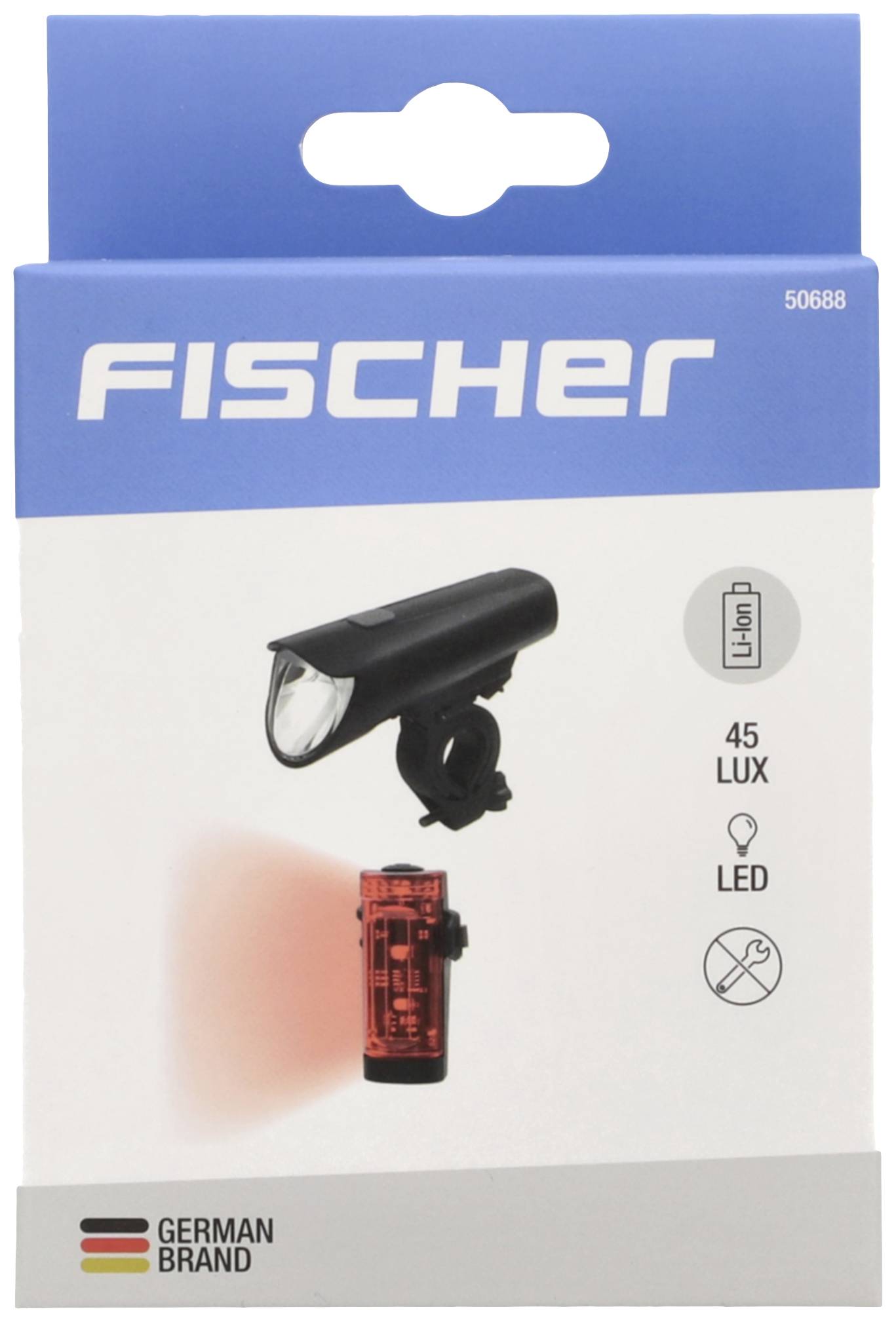Emballage d'un ensemble d'éclairage pour vélo comprenant un phare avant blanc à LED et un feu arrière rouge. Marque 'Fischer', 45 Lux.