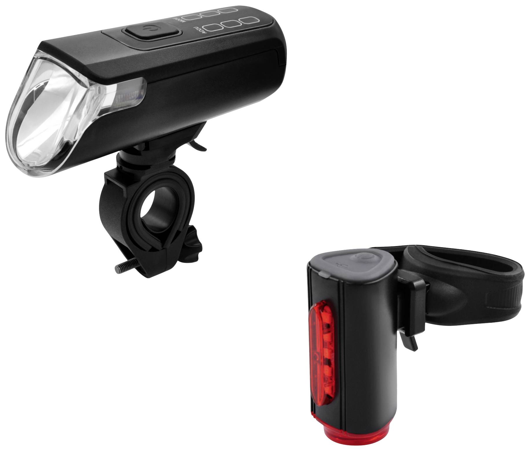 Un ensemble d'éclairage pour vélo comprenant un phare avant et un feu arrière rouge, chacun avec des supports de fixation pour le vélo.