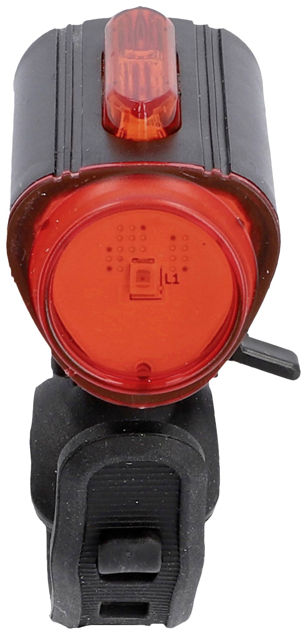 Un feu arrière de vélo rouge avec boîtier noir, adapté pour être fixé sur la tige de selle afin d'améliorer la visibilité la nuit.