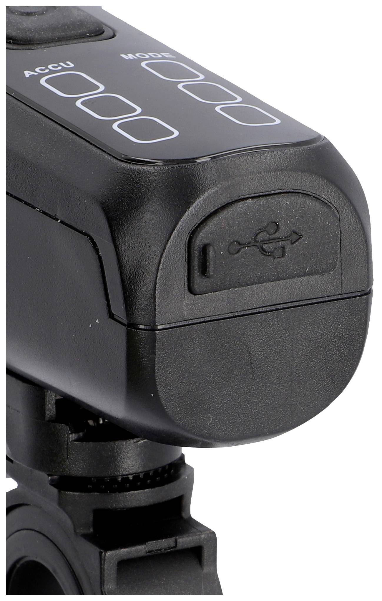 Gros plan d'un appareil électronique noir avec un port USB en haut, plusieurs boutons de commande et un clip de fixation en bas.