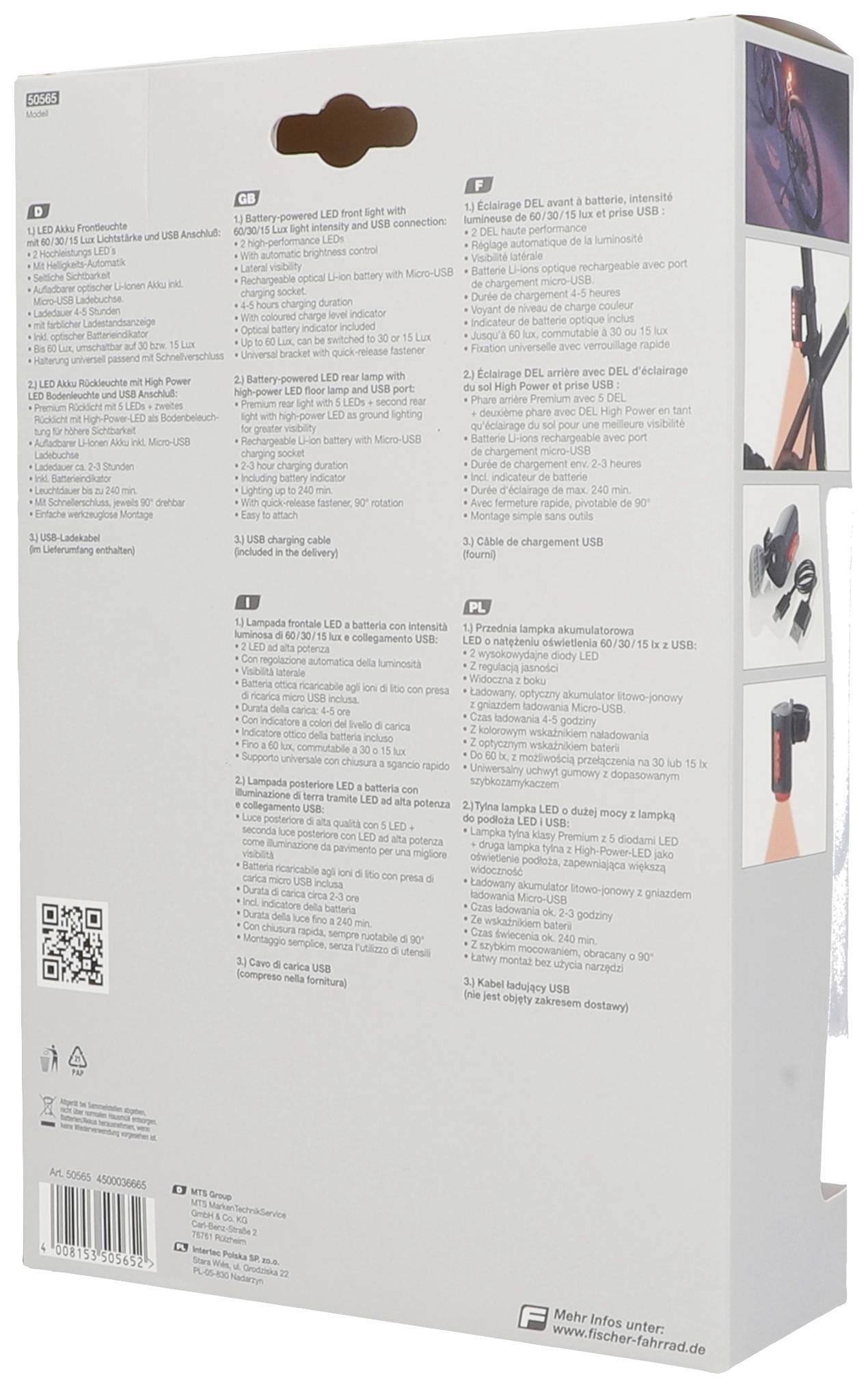 Dos d'un emballage de produit avec des informations techniques et des spécifications dans plusieurs langues. Un code QR est présent en haut à gauche.