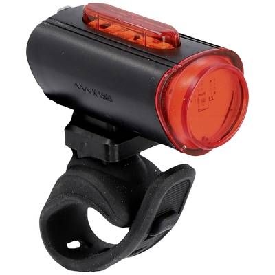 Feu arrière de vélo avec boîtier rouge, fixé sur un support noir.