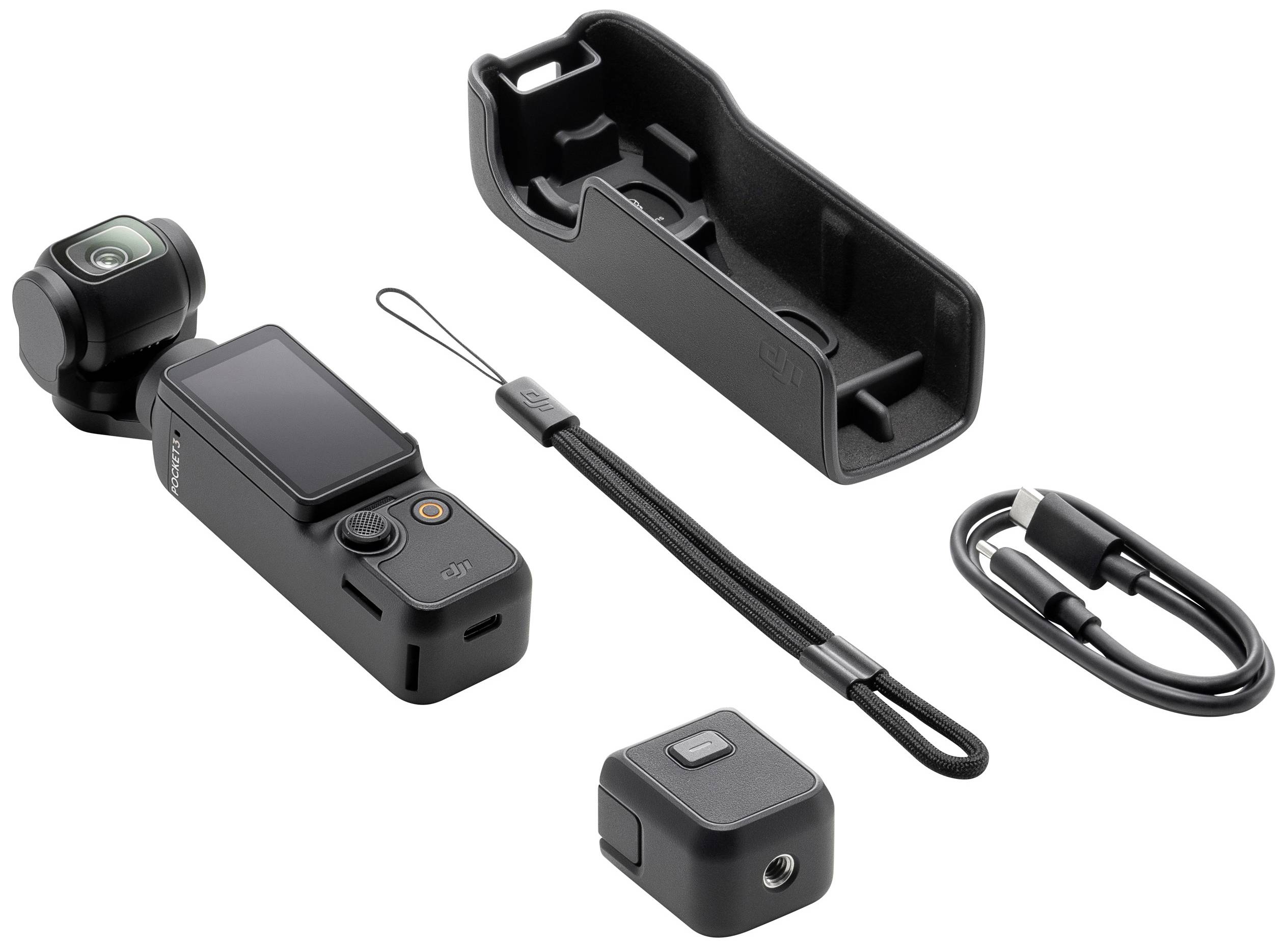 Caméra avec accessoires : Caméra avec écran, boîtier de protection, bracelet, petit accessoire supplémentaire et câble USB, sur fond blanc.