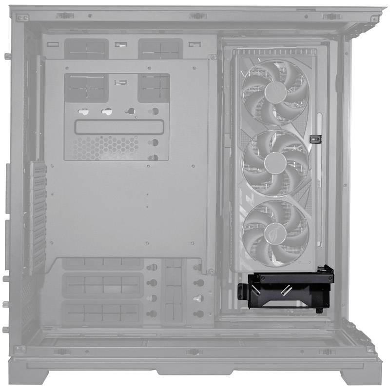 Vue intérieure d'un boîtier d'ordinateur ouvert, avec ventilateur intégré et carte graphique installée. La structure interne et les possibilités de montage sont visibles.