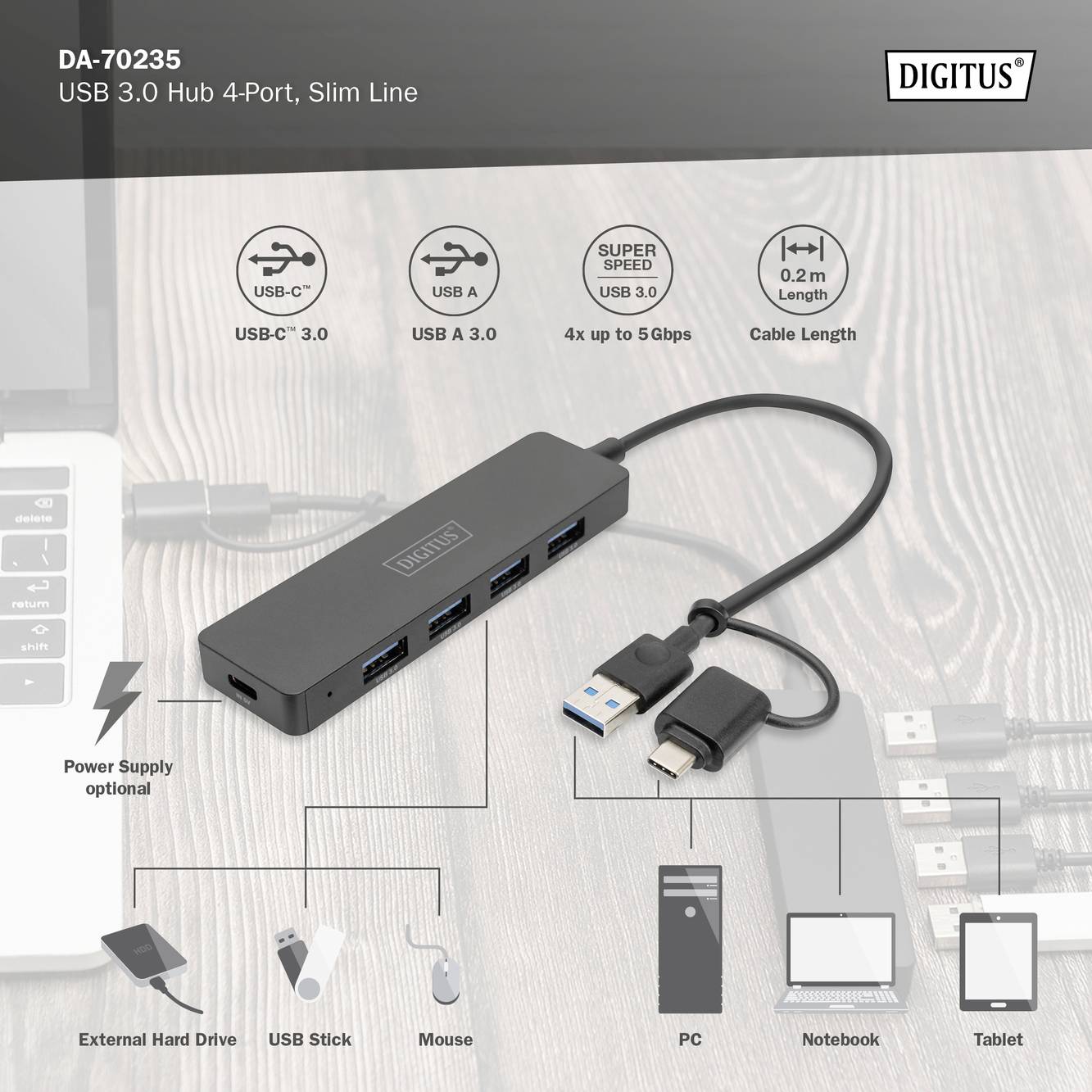 Le hub USB 3.0 Digitus DA-70235 dispose de 4 ports, prend en charge des transferts de données jusqu'à 5 Gbps et est compatible avec PC, ordinateur portable et tablette.