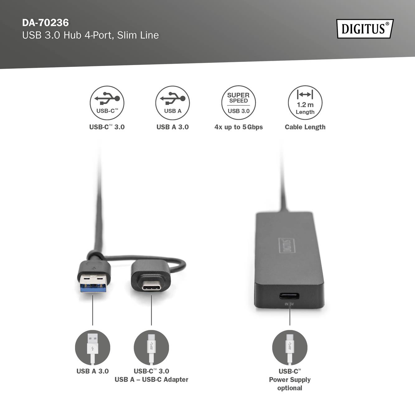 Hub USB 3.0 à quatre ports, avec un adaptateur USB-C vers USB-A, prenant en charge des transferts de données jusqu'à 5 Gbps, deux câbles, alimentation secteur optionnelle.