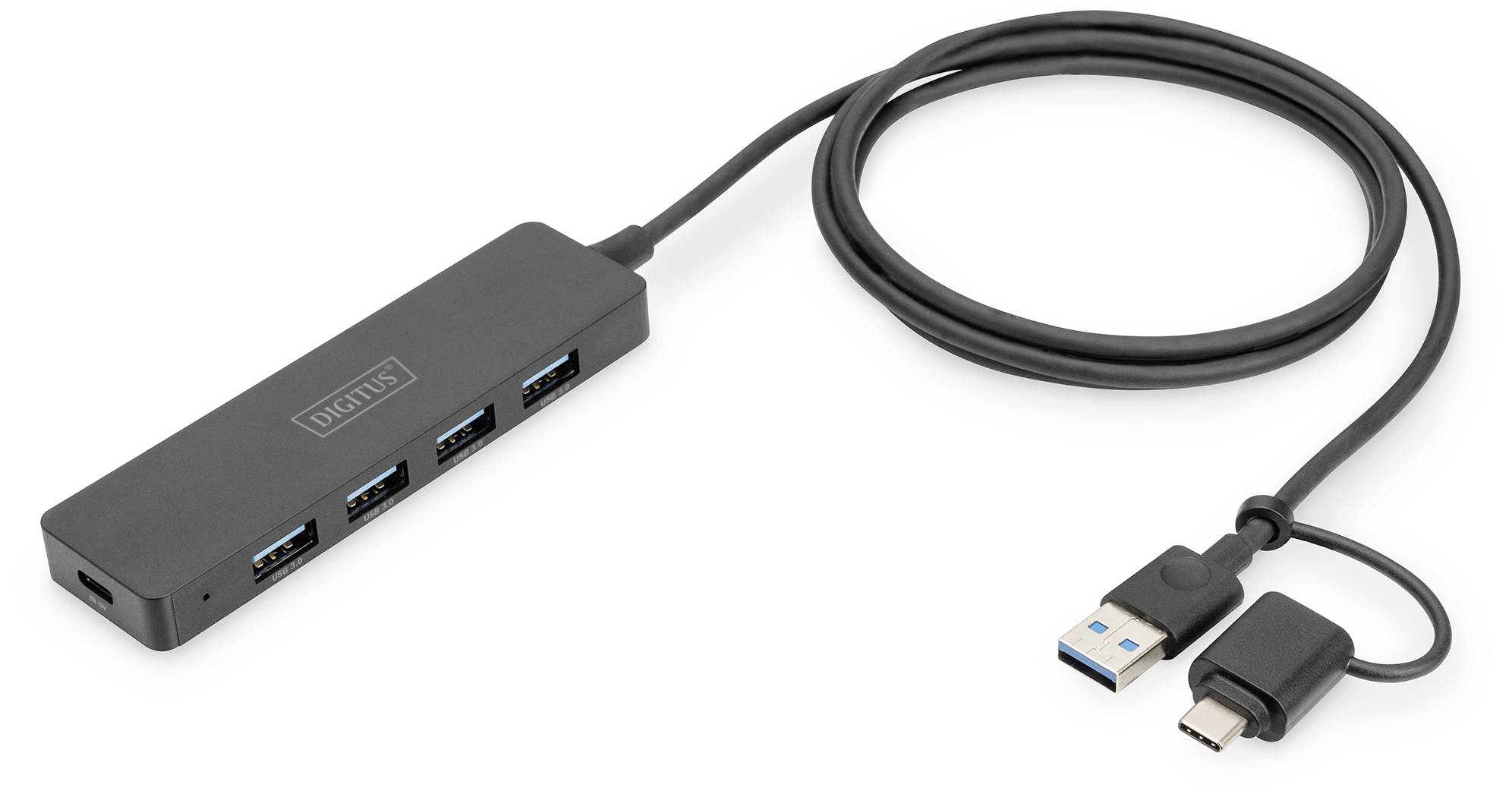 Un hub USB noir avec quatre ports USB et un câble connecté avec des connecteurs USB-C et USB-A.