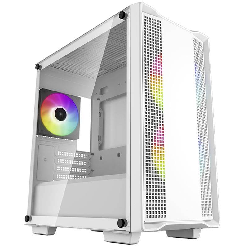 Boîtier d'ordinateur blanc avec côté transparent, ventilateur multicolore visible à l'intérieur. Design moderne avec éclairage RVB.