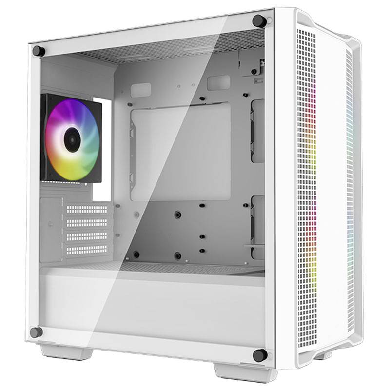 Un boîtier d'ordinateur blanc et vide avec une fenêtre en verre, montrant une disposition de carte mère installable et un ventilateur avec éclairage RVB.