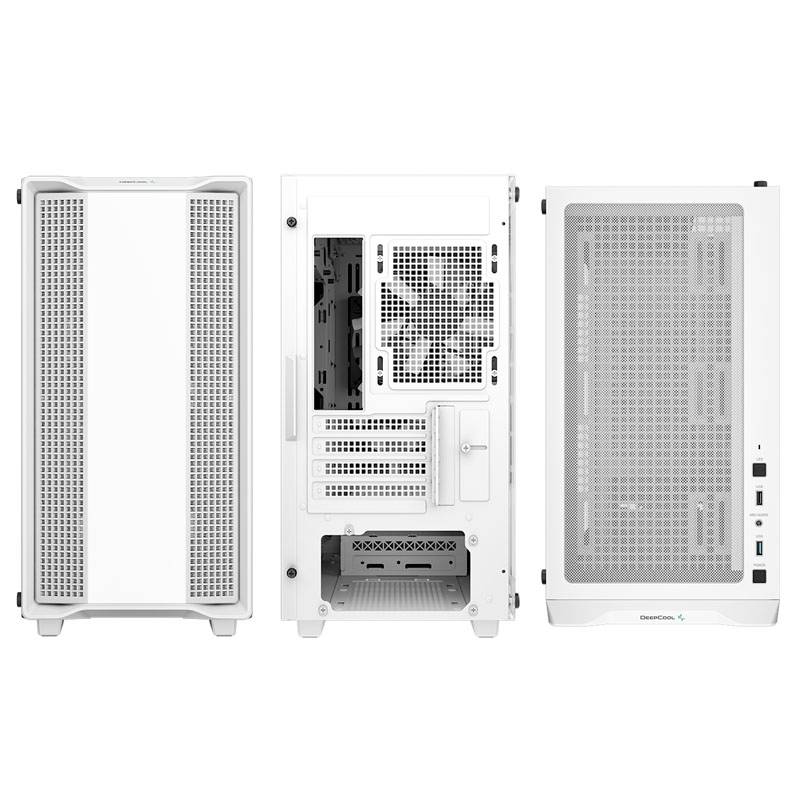 Boîtiers d'ordinateur blancs vus de face, de dos et de côté. Montre les grilles de ventilation, les ports et les ouvertures d'aération.