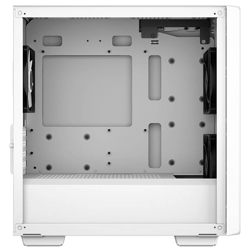 Boîtier d'ordinateur blanc vu de l'intérieur, présenté sans composants ; ventilateurs visibles à l'arrière et à l'avant.