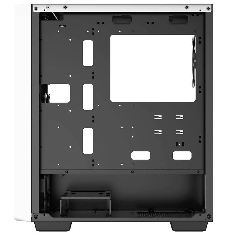 Boîtier d'un tour d'ordinateur en blanc et noir, sans composants, avec des emplacements ouverts pour lecteurs et ventilateurs, vue arrière.