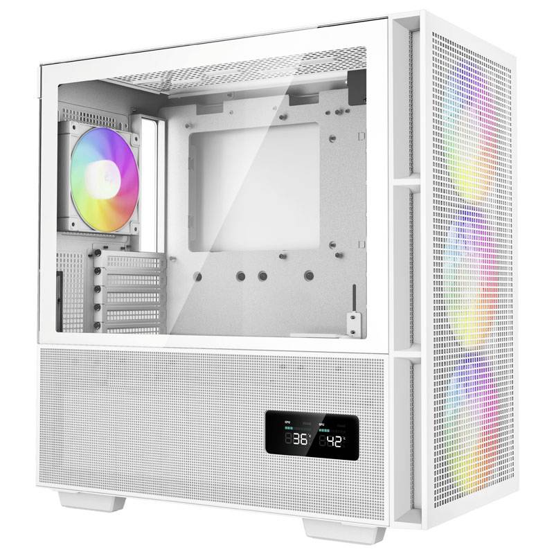 Boîtier d'ordinateur blanc avec ventilateurs RGB et fenêtre latérale transparente. Un affichage numérique de température indique 36 et 42 degrés.