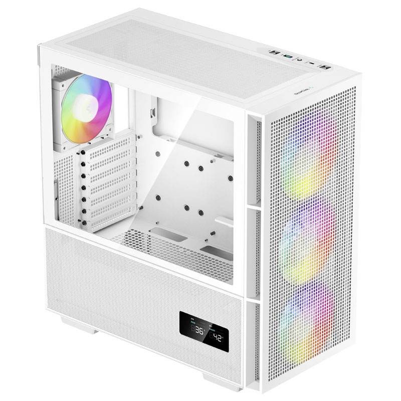 Un boîtier d'ordinateur blanc avec une paroi latérale transparente. Il présente des ventilateurs colorés et lumineux à l'avant et à l'intérieur.