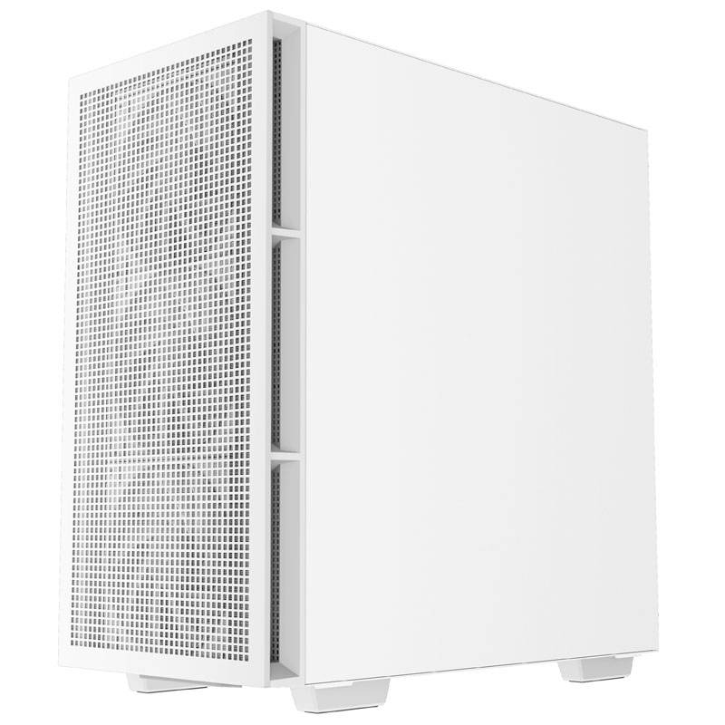 Un boîtier d'ordinateur blanc avec une grille sur la façade, au design épuré et moderne.
