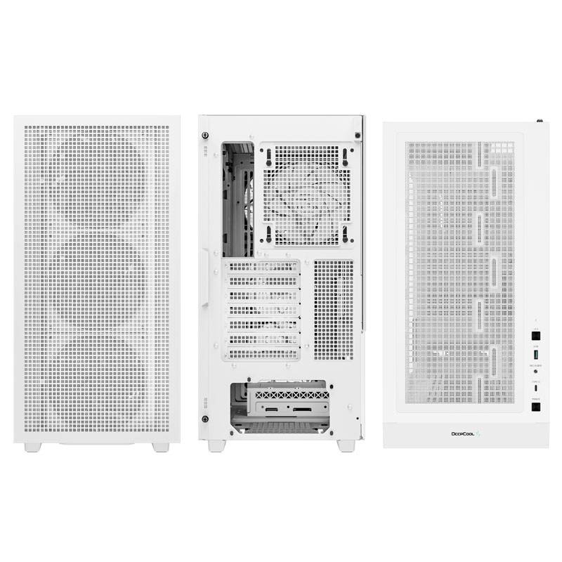Un boîtier d'ordinateur blanc avec façade et dessus en maille, montrant trois ventilateurs à l'avant, vue arrière ouverte avec plusieurs emplacements d'extension.
