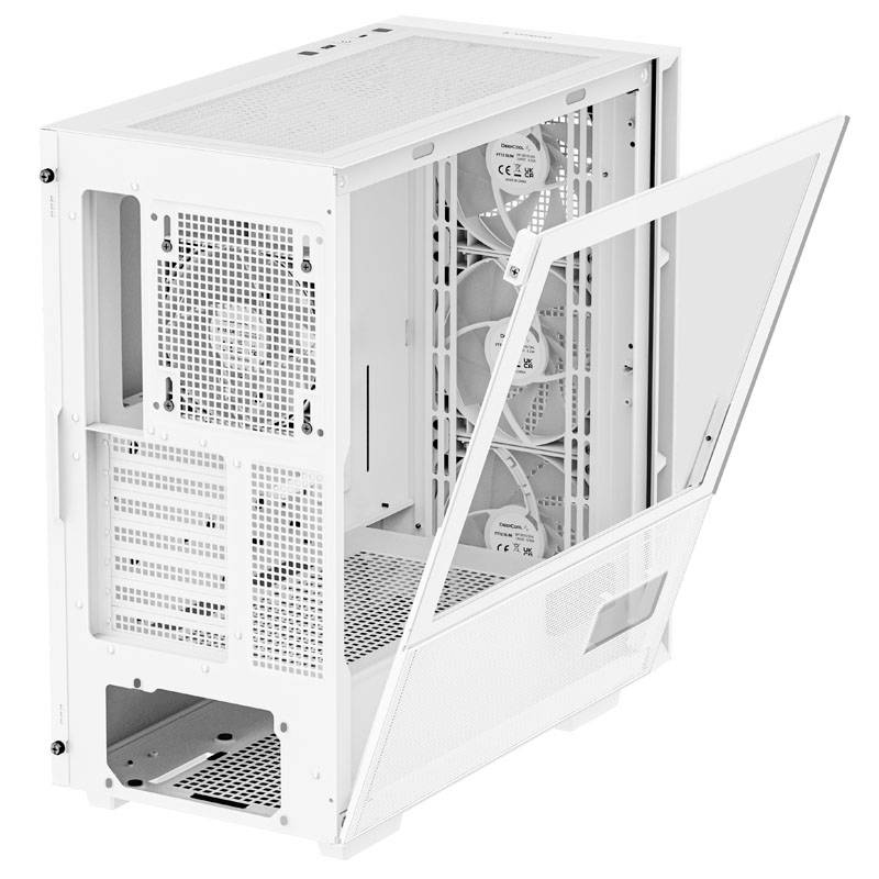 Boîtier d'ordinateur blanc avec côté ouvert, montrant les ventilateurs et la structure intérieure. Adapté pour la construction de PC et l'optimisation du flux d'air.
