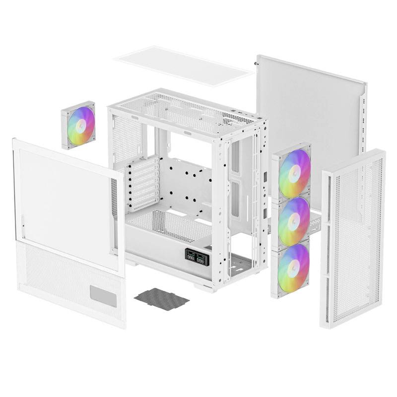 Boîtier PC blanc démonté avec ventilateurs RGB et panneaux amovibles, offrant une vue de l'intérieur et de ses composants.