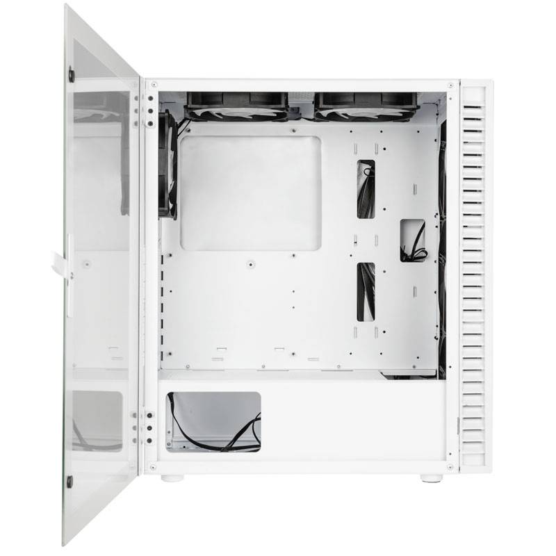 Un boîtier d'ordinateur blanc ouvert et vide avec une porte en verre, une gestion des câbles et de l'espace pour les ventilateurs et les composants.