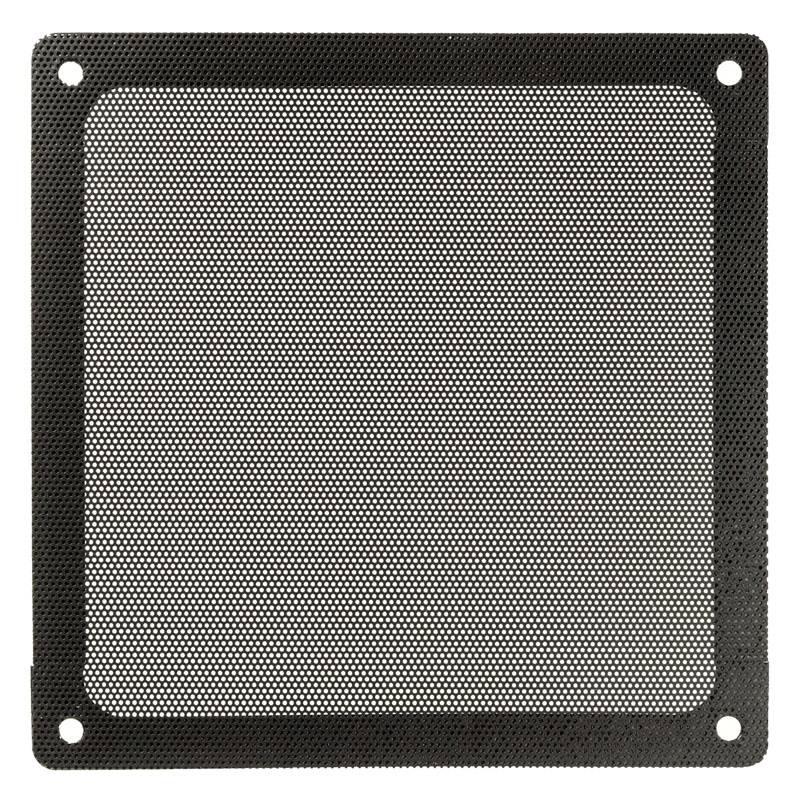 Grille de filtre à air noir, carrée, avec des trous fins et uniformes, utilisée pour la ventilation dans les appareils électroniques ou les ordinateurs.