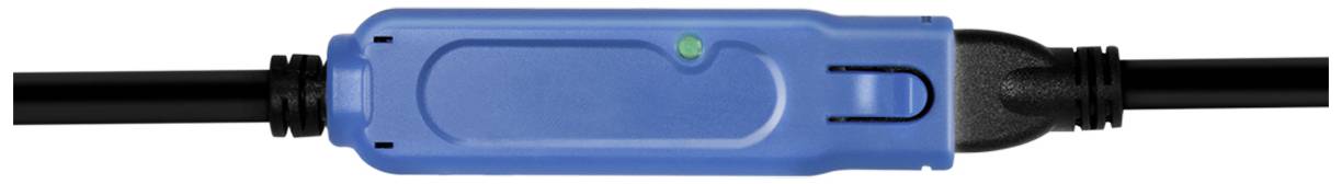 Connecteur en plastique bleu avec câble en caoutchouc noir, affichant un voyant LED vert indiquant une connexion active.