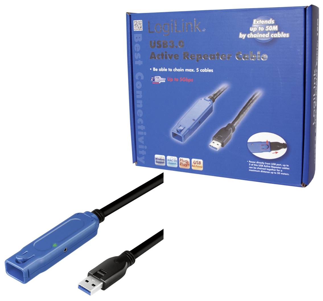 Câble d'extension USB 3.0 actif de LogiLink, longueur 5m. Adapté au chaînage de jusqu'à 5 câbles pour une portée allant jusqu'à 50m.