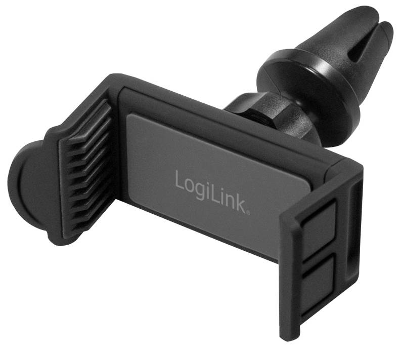 Support de téléphone pour voiture en plastique noir avec support réglable, adapté aux grilles de ventilation du véhicule.