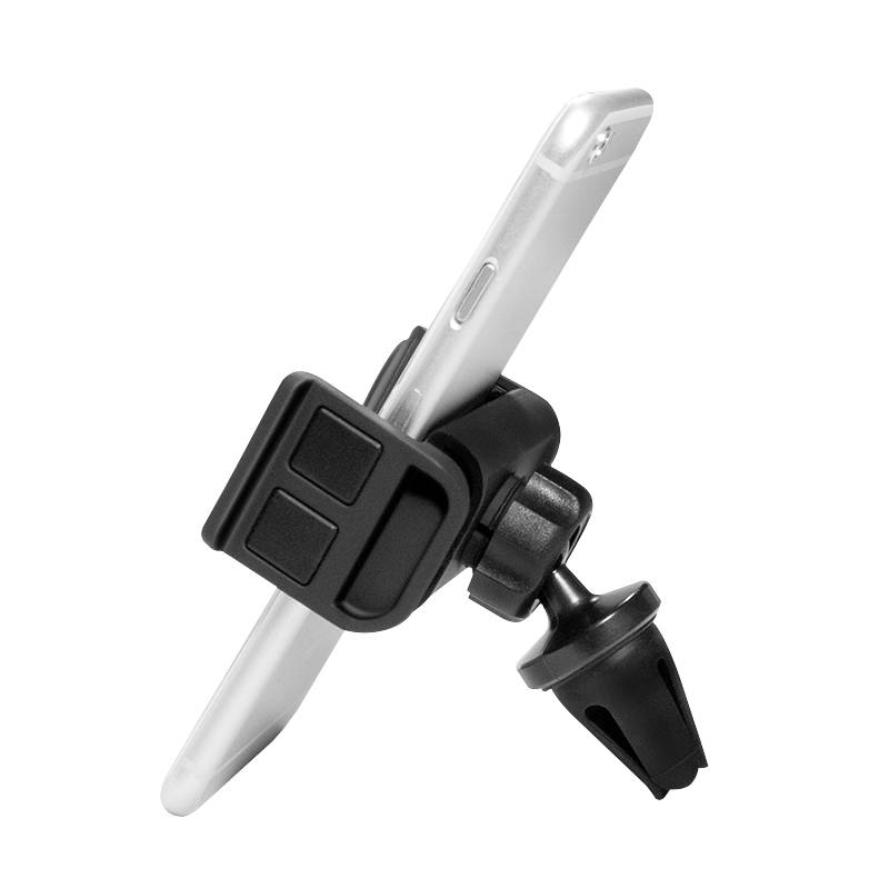 Un support de téléphone pour voiture fixé sur une grille de ventilation, présentant un smartphone en vue latérale.