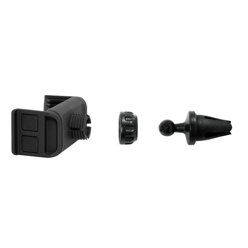 Composants d'un support universel pour voiture : support avec deux boutons, vis de serrage et goupille de verrouillage, noir, pour grilles de ventilation.