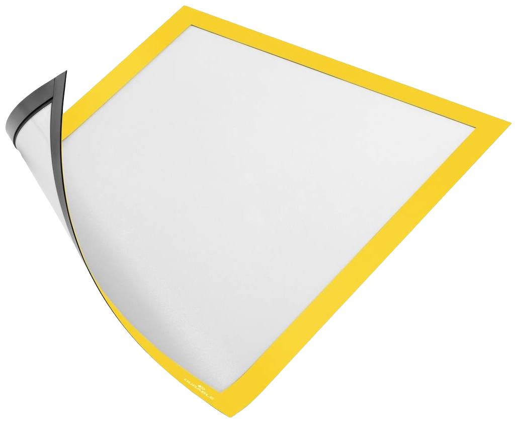 Support de documents magnétique jaune avec un coin replié, montrant l'arrière.