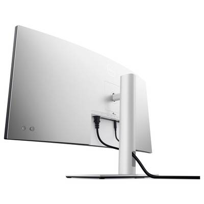 L'image montre l'arrière d'un moniteur d'ordinateur incurvé sur un support, avec trois câbles connectés. Le moniteur présente un design élégant et moderne.