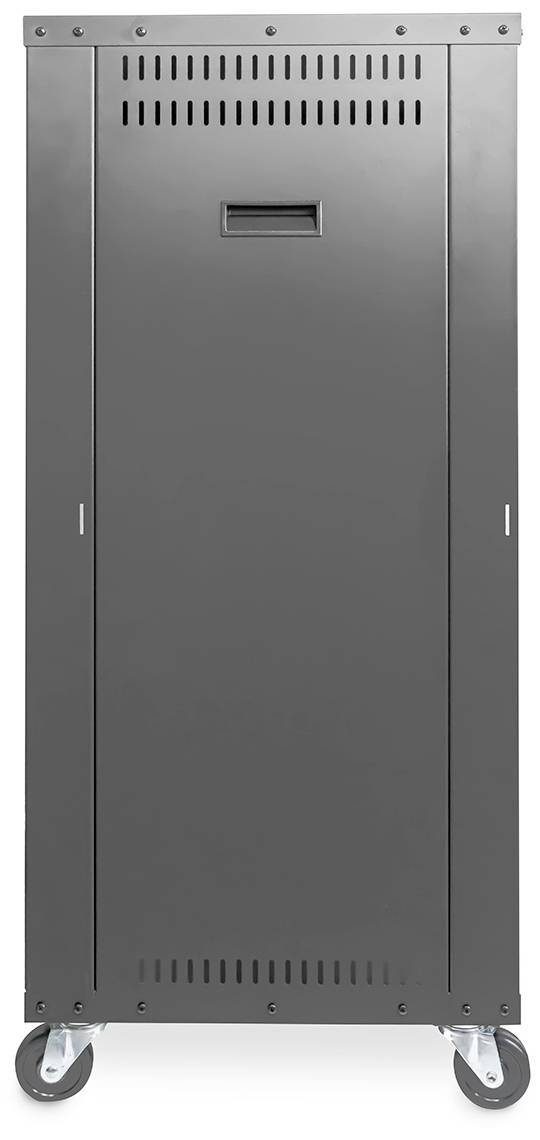 Étagère de rangement noire avec poignée et fentes de ventilation, montée sur roulettes.