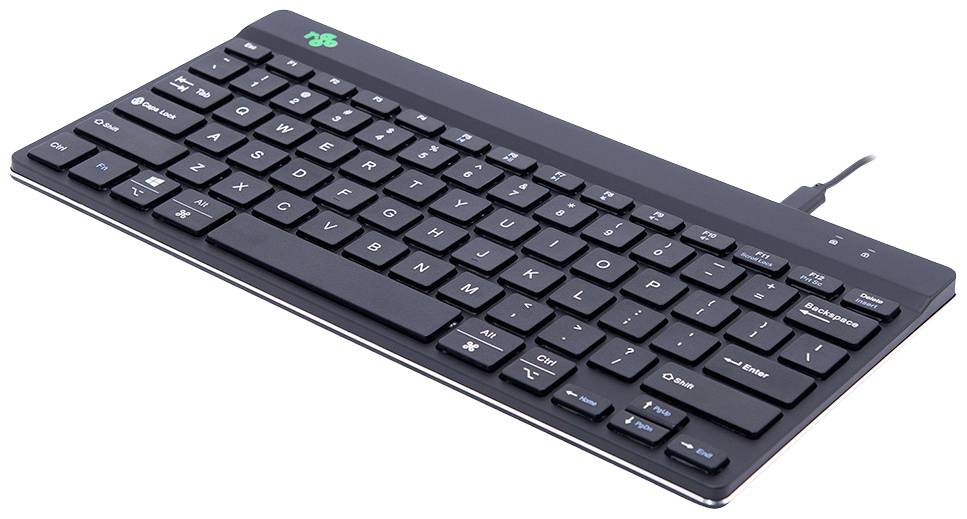 Clavier QWERTZ noir compact, à profil plat, filaire, avec touches numériques et touches de fonction ; adapté pour ordinateur portable ou PC.