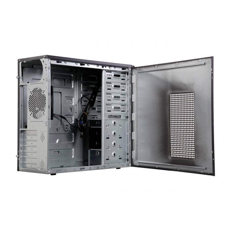 Un boîtier d'ordinateur ouvert en métal avec l'intérieur visible et un ventilateur à l'arrière. Adapté pour le montage de composants informatiques.