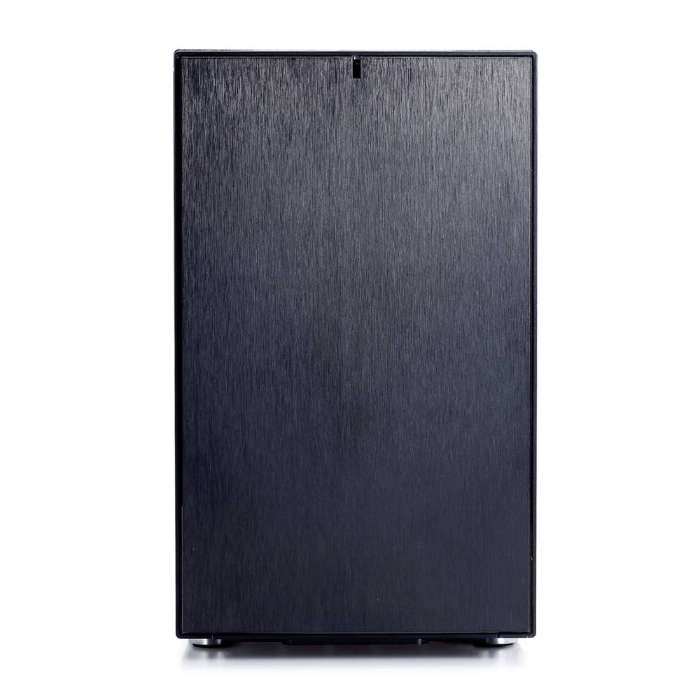 Un réfrigérateur noir, rectangulaire, à surface lisse, posé sur un fond blanc.