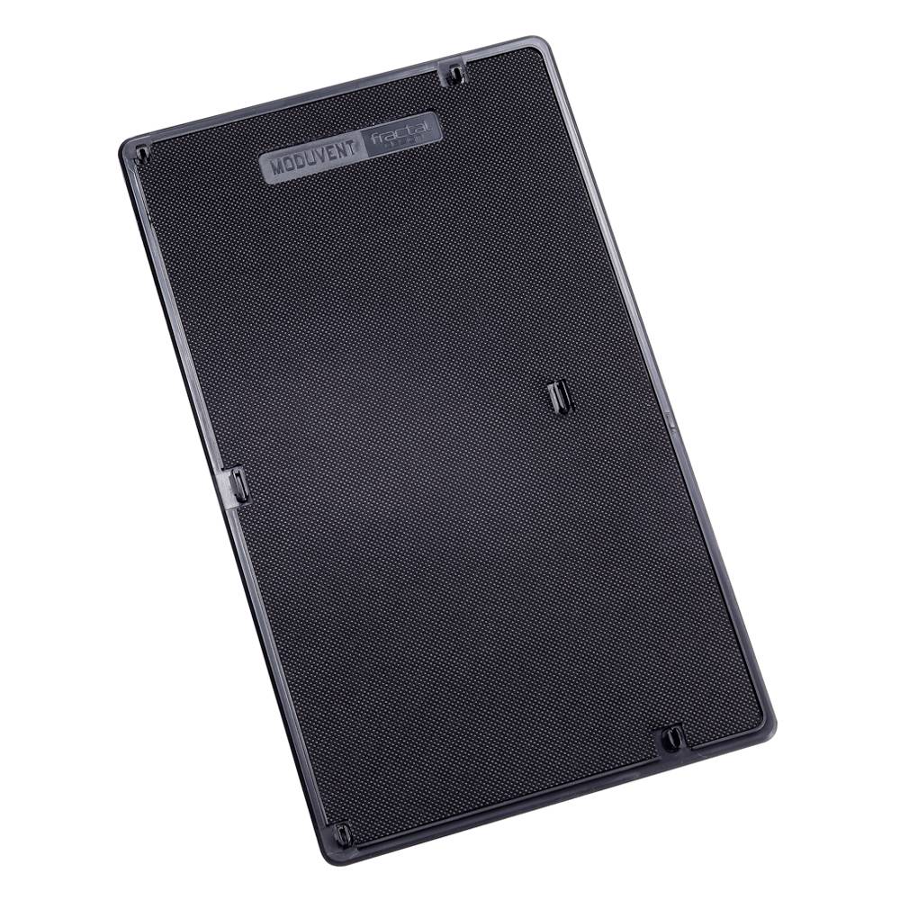 Filtre à air rectangulaire noir portant l'inscription 'Woodvent' sur sa surface supérieure ; utilisé pour la purification de l'air dans les systèmes de ventilation.