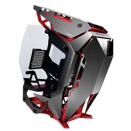 Un boîtier d'ordinateur futuriste au design noir et rouge, avec des côtés ouverts et des structures internes apparentes.