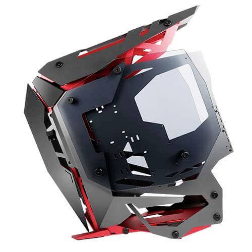Boîtier au design futuriste en étais métalliques, noir et rouge, pour composants PC, sans composants matériels apparents.