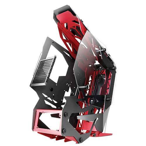 Un boîtier voyant, rouge et noir, au design ouvert et aux lignes futuristes. Conçu pour des systèmes informatiques exceptionnels.
