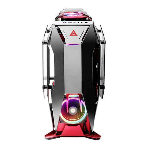 Boîtier de PC gaming au design futuriste avec éclairage LED et accents rouges, vue principale de face.