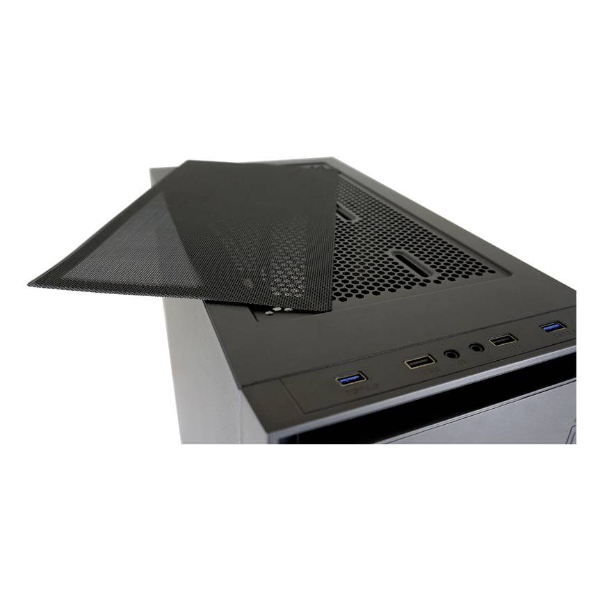 Boîtier d'ordinateur avec couvercle partiellement retiré, montrant les ports USB et les grilles de ventilation sur le dessus.