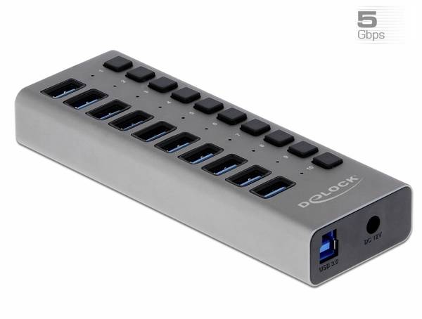 Delock 63670 Hub USB 10 ports USB-A USB 3.1 Gen1 5 GBit/s avec fiche mâle USB-C gris 63670
