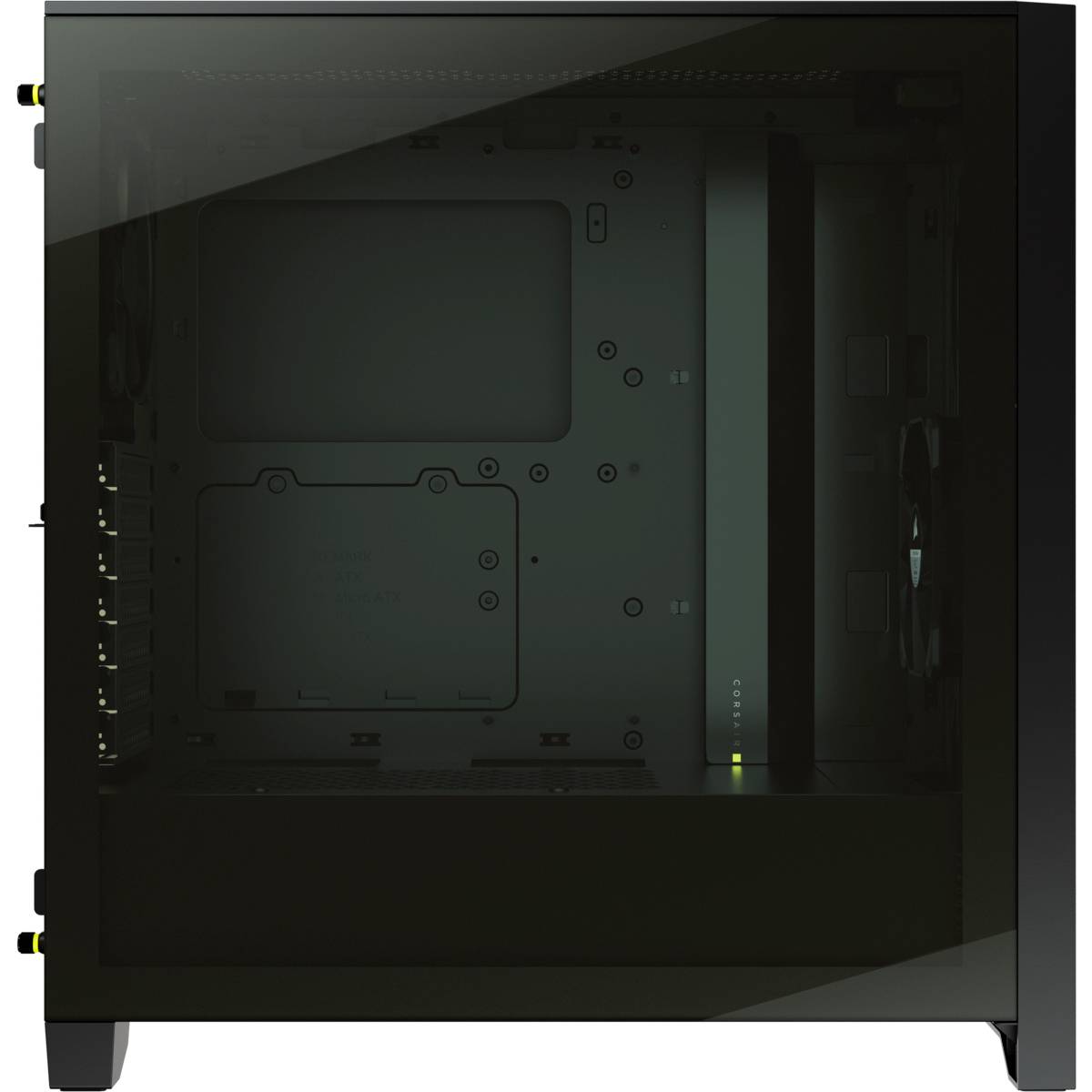 Un boîtier d'ordinateur noir vide avec une fenêtre latérale transparente, montrant l'intérieur sans composants, adapté pour la construction de PC.